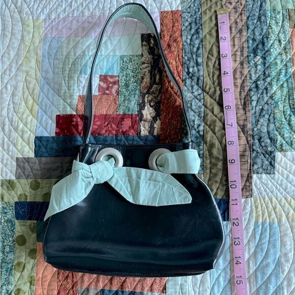 Vintage 90 Y2K Vamp Girls Handmade Black Faux Leather Blue Satin Bow Mini Bag - Picture 2 of 8